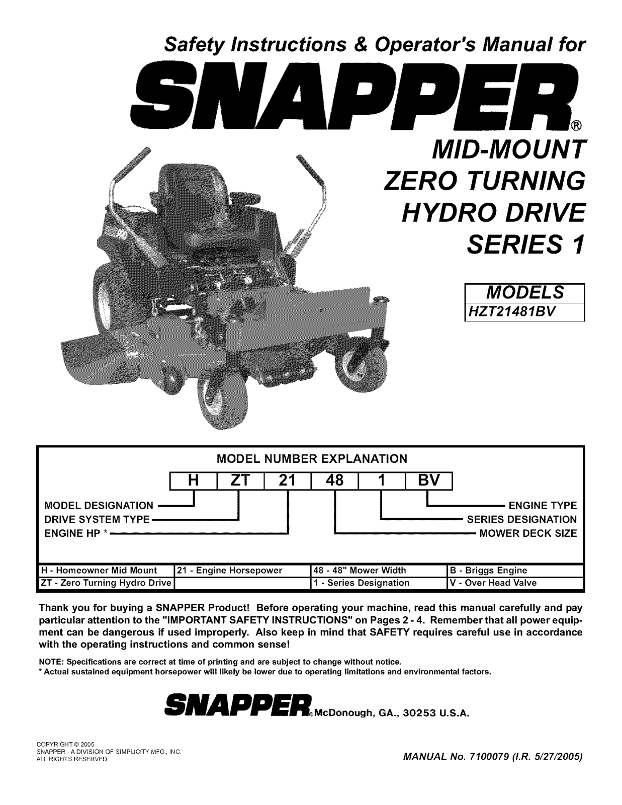 Snapper HZT21481BV Owner’s Manual