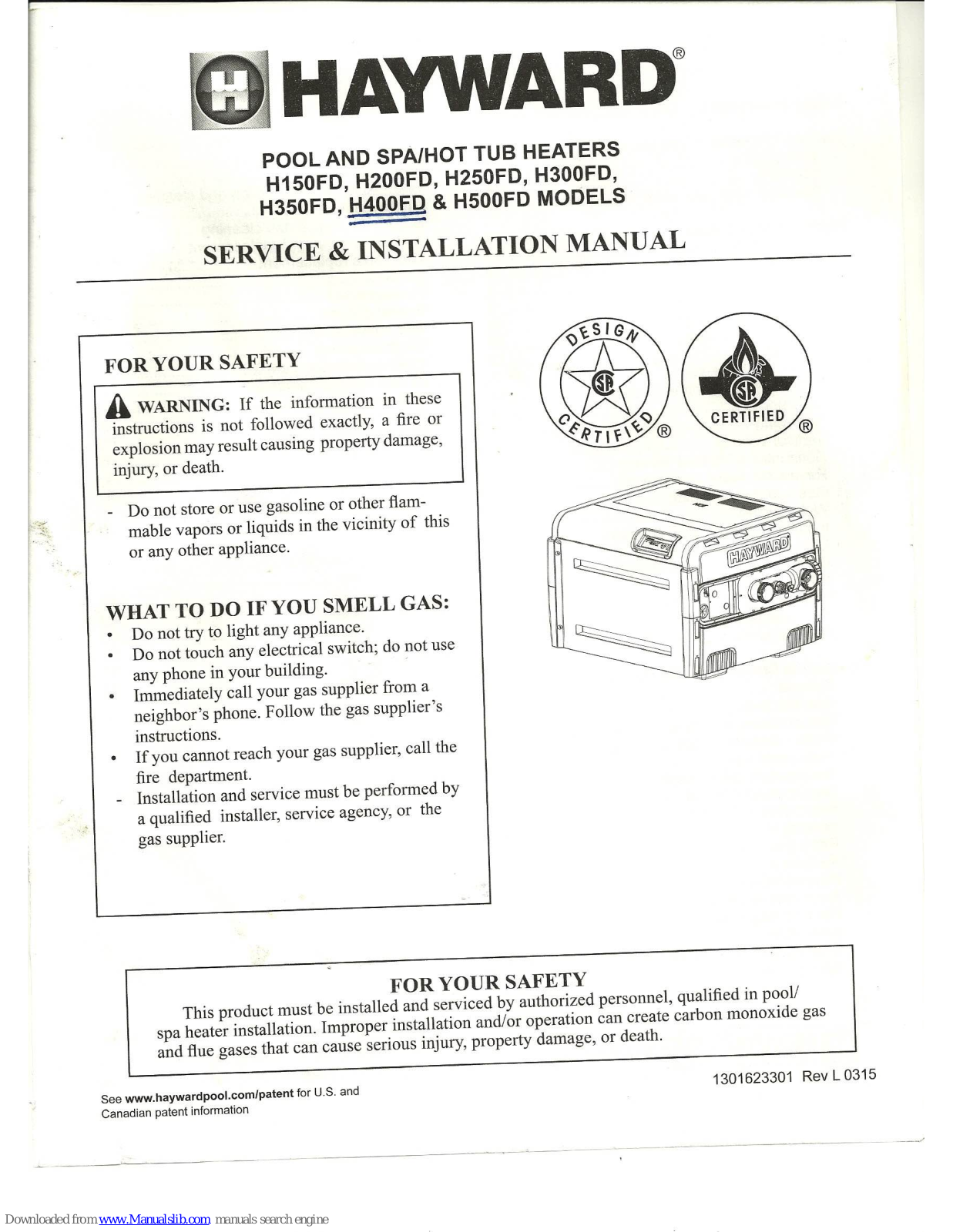 Hayward H150FD, H200FD, H350FD, H400FD, H500FD Service & Installation Manual