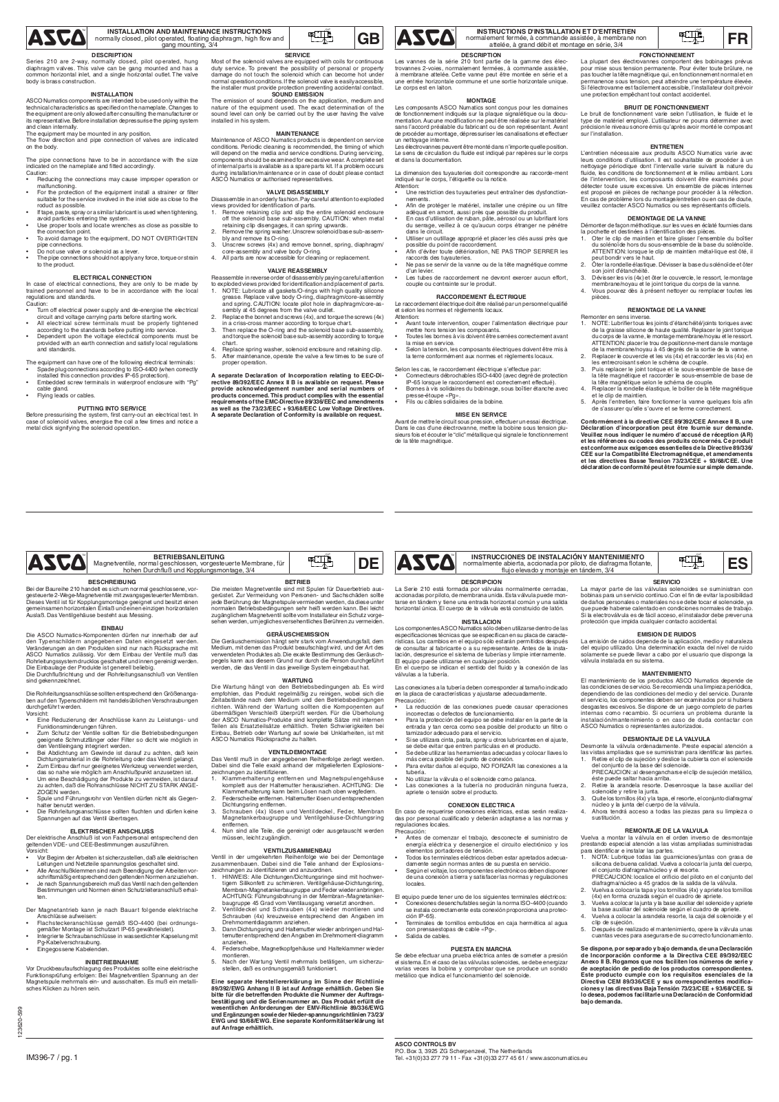 ASCO European Instruction Manual: Series 210 AC DC Floating Diaphragm 3/4 Manuals & Guides
