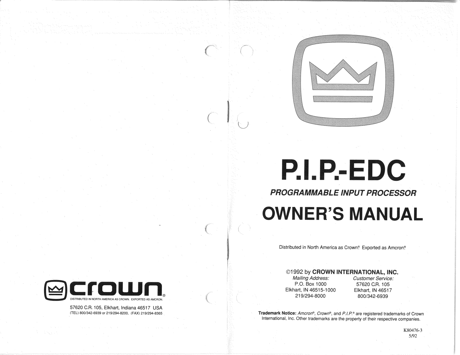 Crown Audio P.I.P.-EDC Owner's Manual