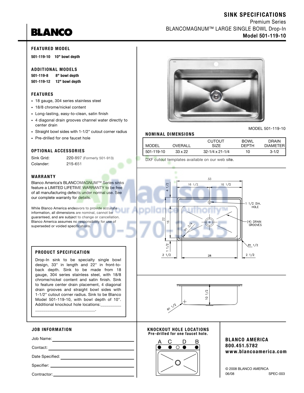 Blanco 440278 Specs