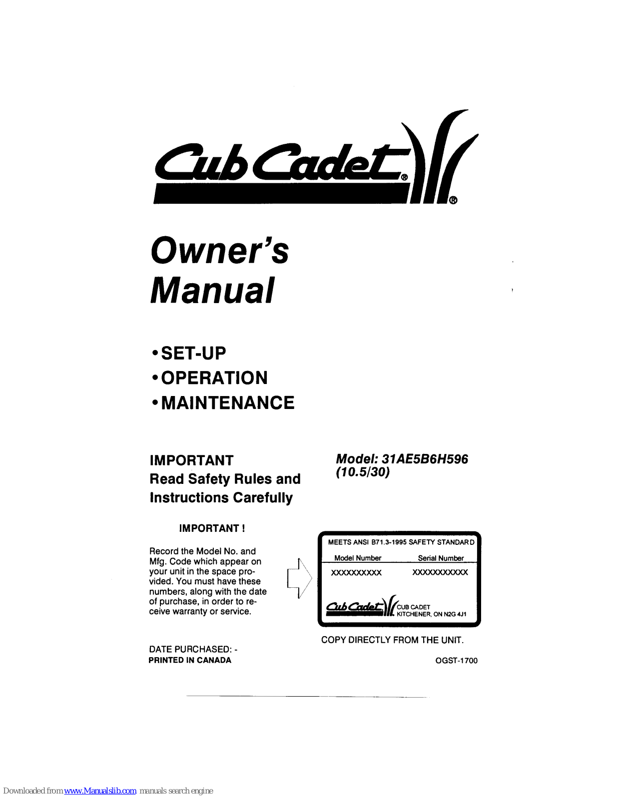 Cub Cadet 31ae5b6h596 Owner's Manual