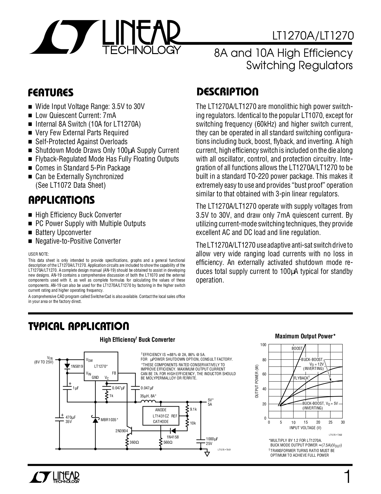 Linear Technology LT1270A, LT1270 Datasheet