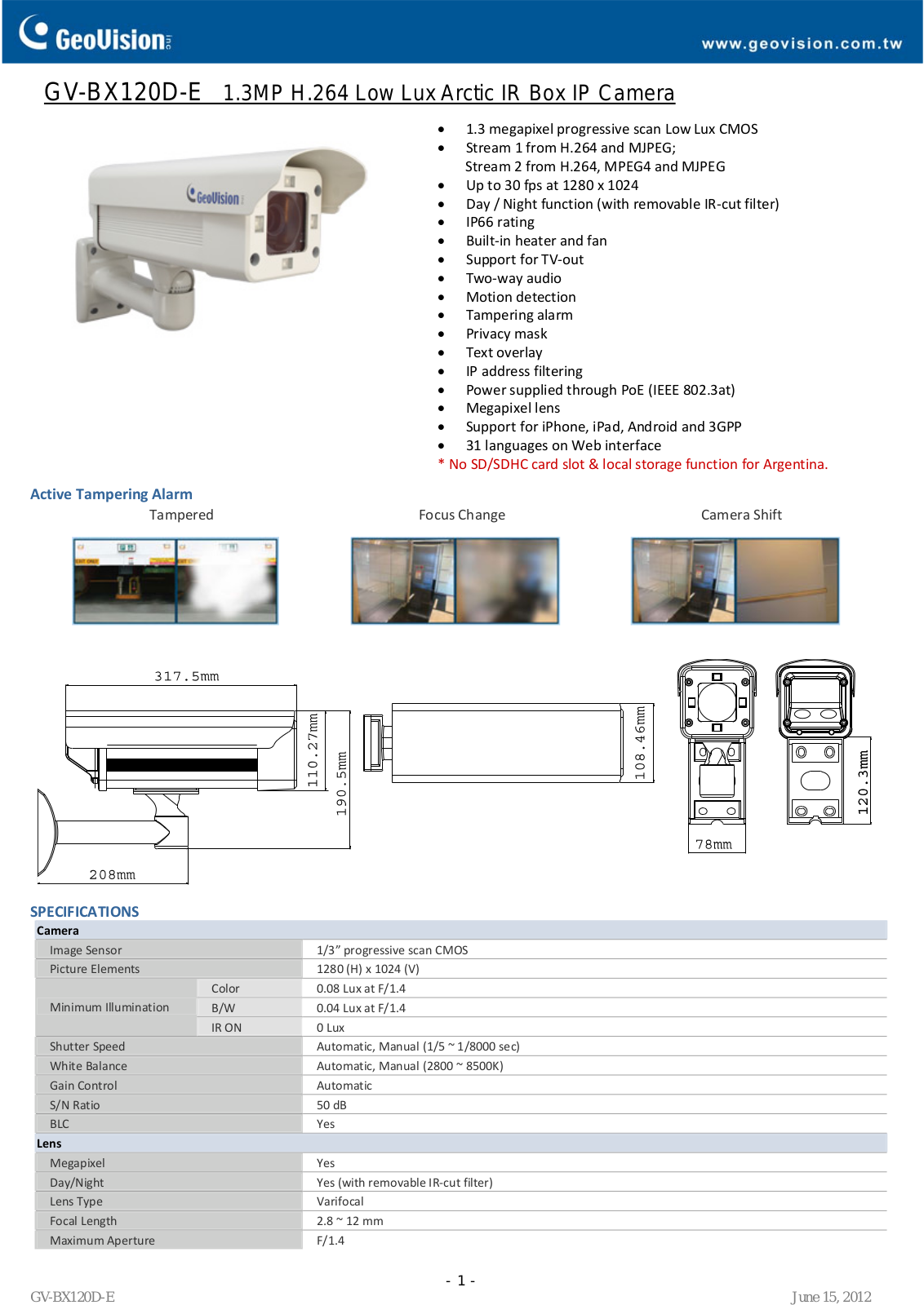 Geovision GV-BX120D-E Specsheet