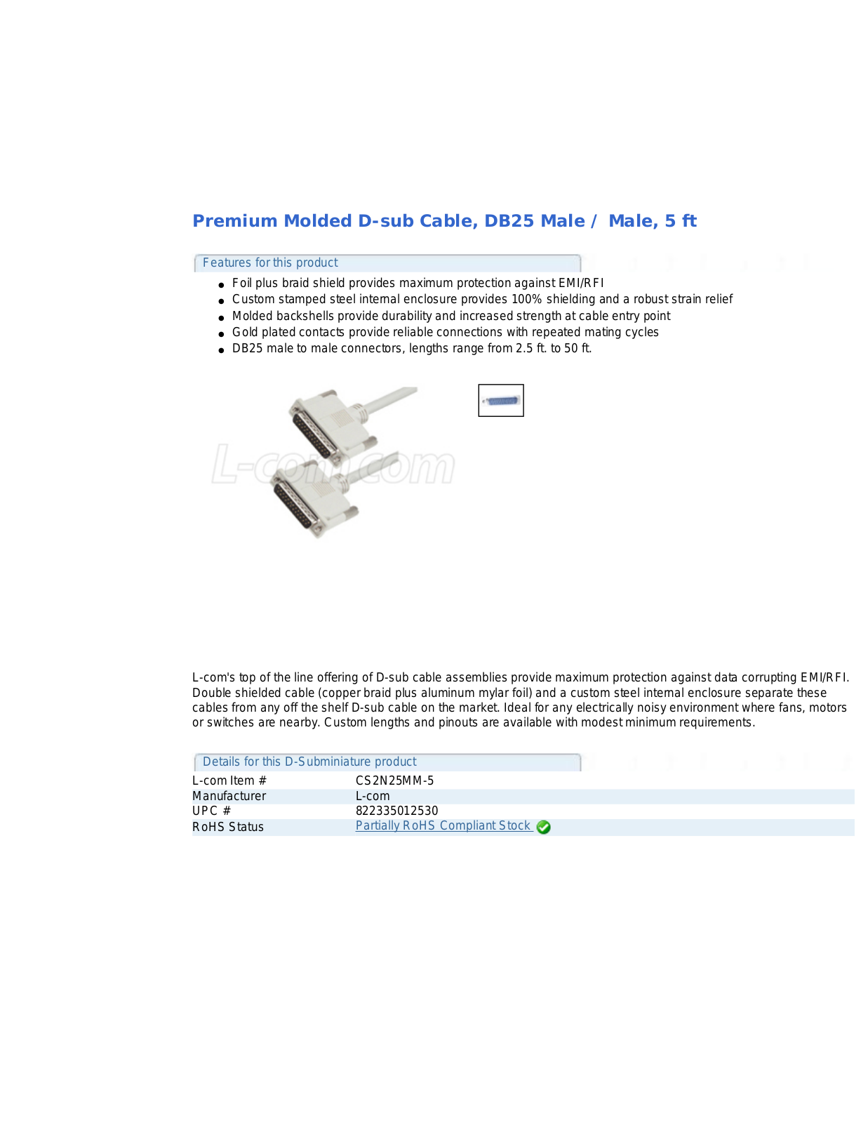 L-com DB25 Male-Male 5 ft User Manual - ManualMachine.com