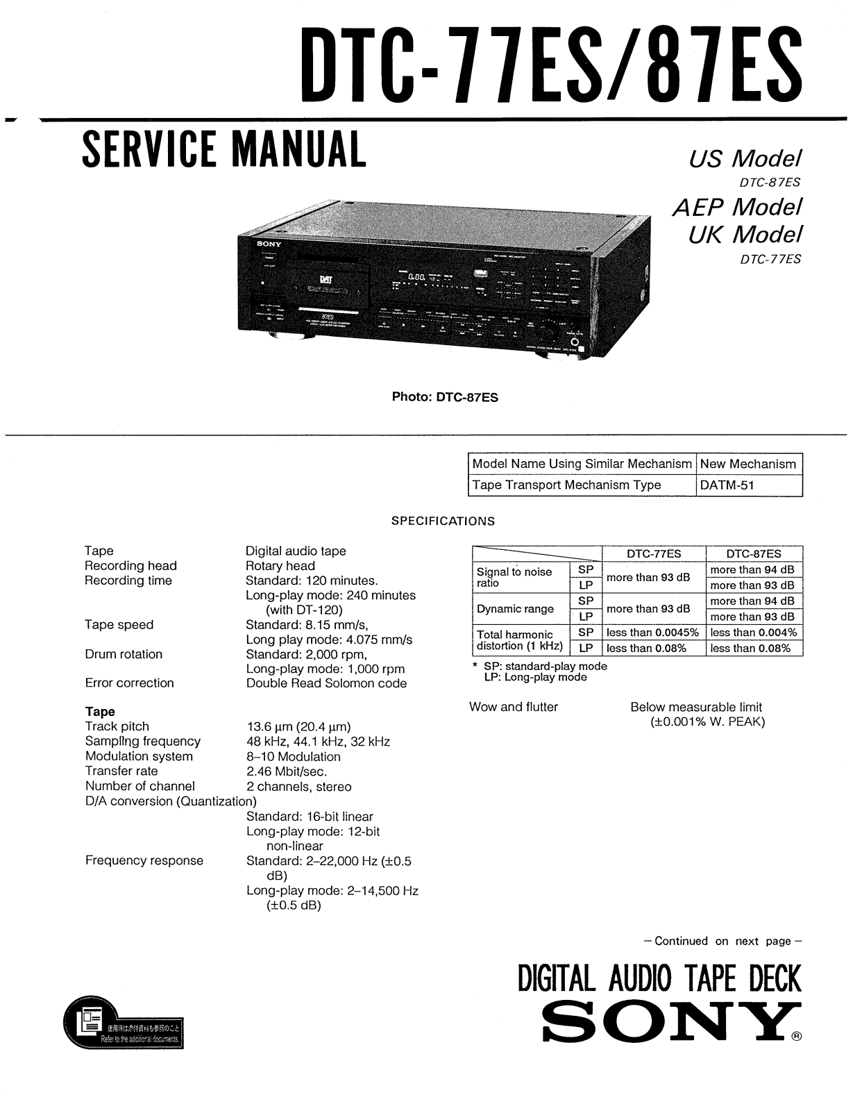 Sony DTC-77-ES Service manual