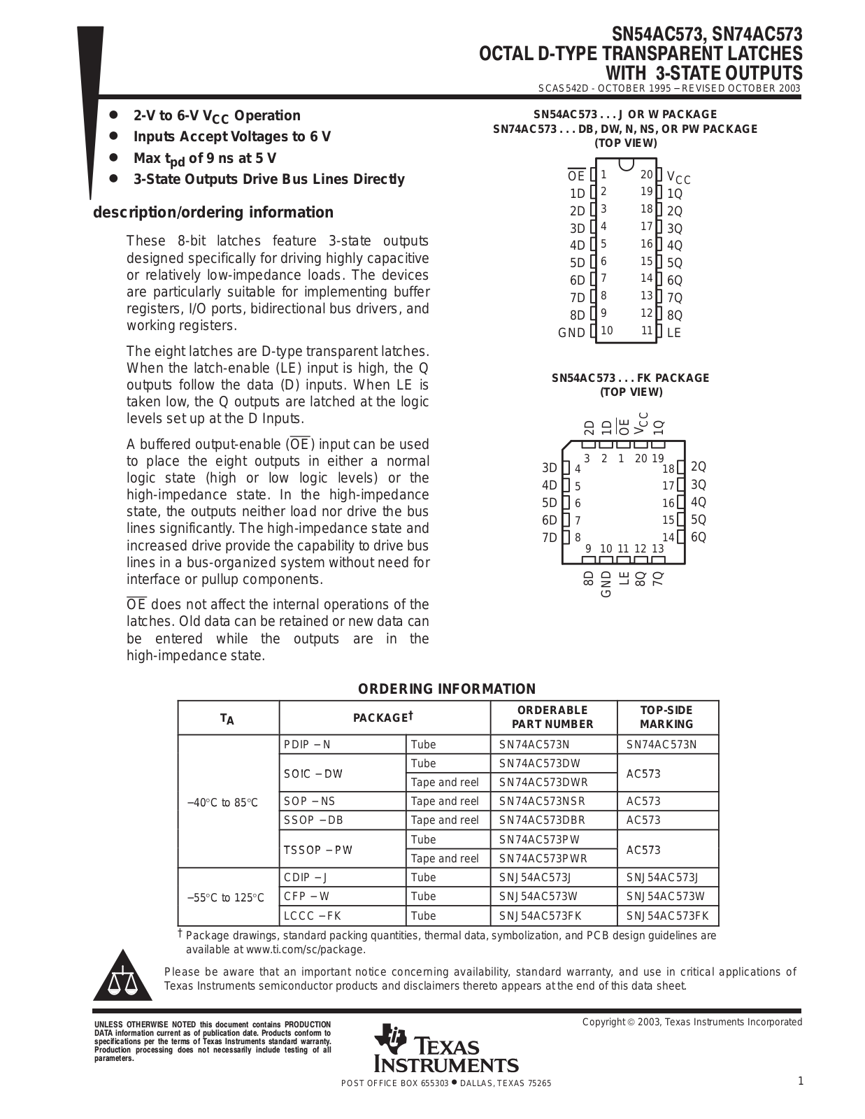 TEXAS INSTRUMENTS SN54AC573, SN74AC573 Technical data