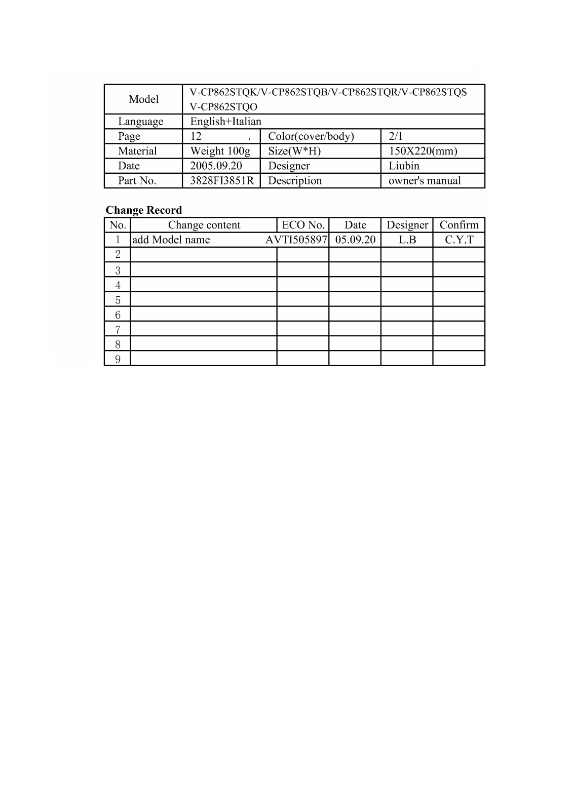 Lg V-CP862STQR, V-CP862STQB, V-CP862STQO, V-CP862STQK User Manual