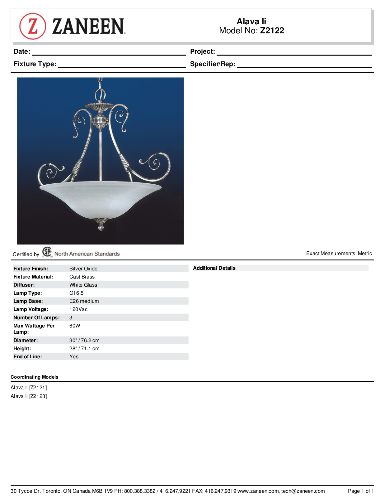 Zanin Lighting Inc. ZN1587 Specifications - ManualMachine.com
