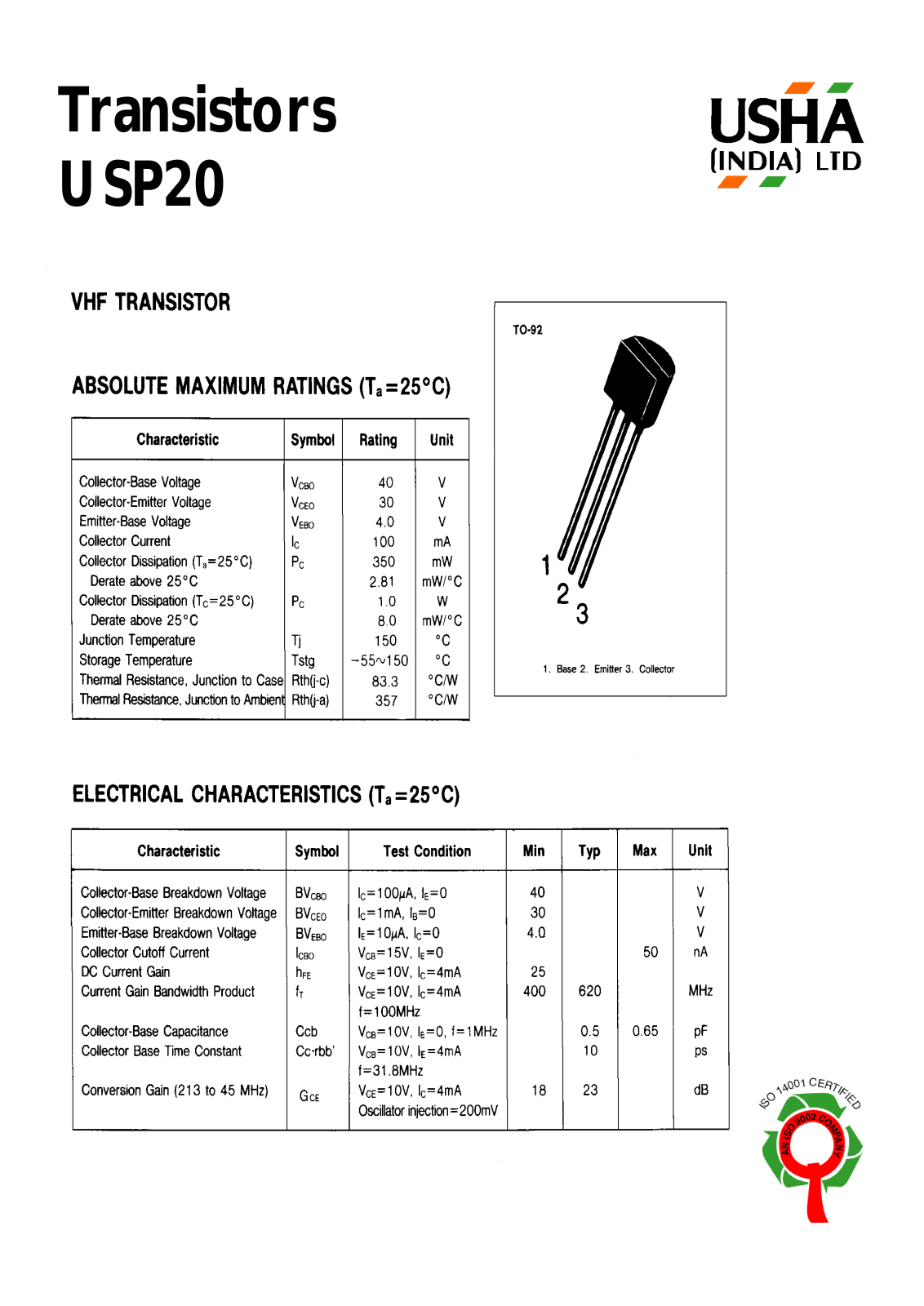 USHA USP20 Datasheet