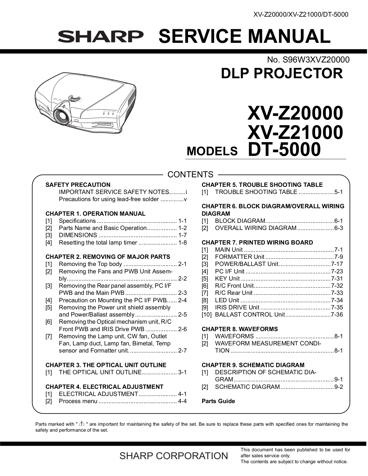 Sharp XV-Z20000, XV-Z21000, DT-5000 Service Manual