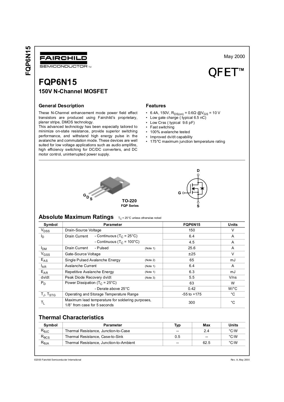 Fairchild Semiconductor FQP6N15 Datasheet