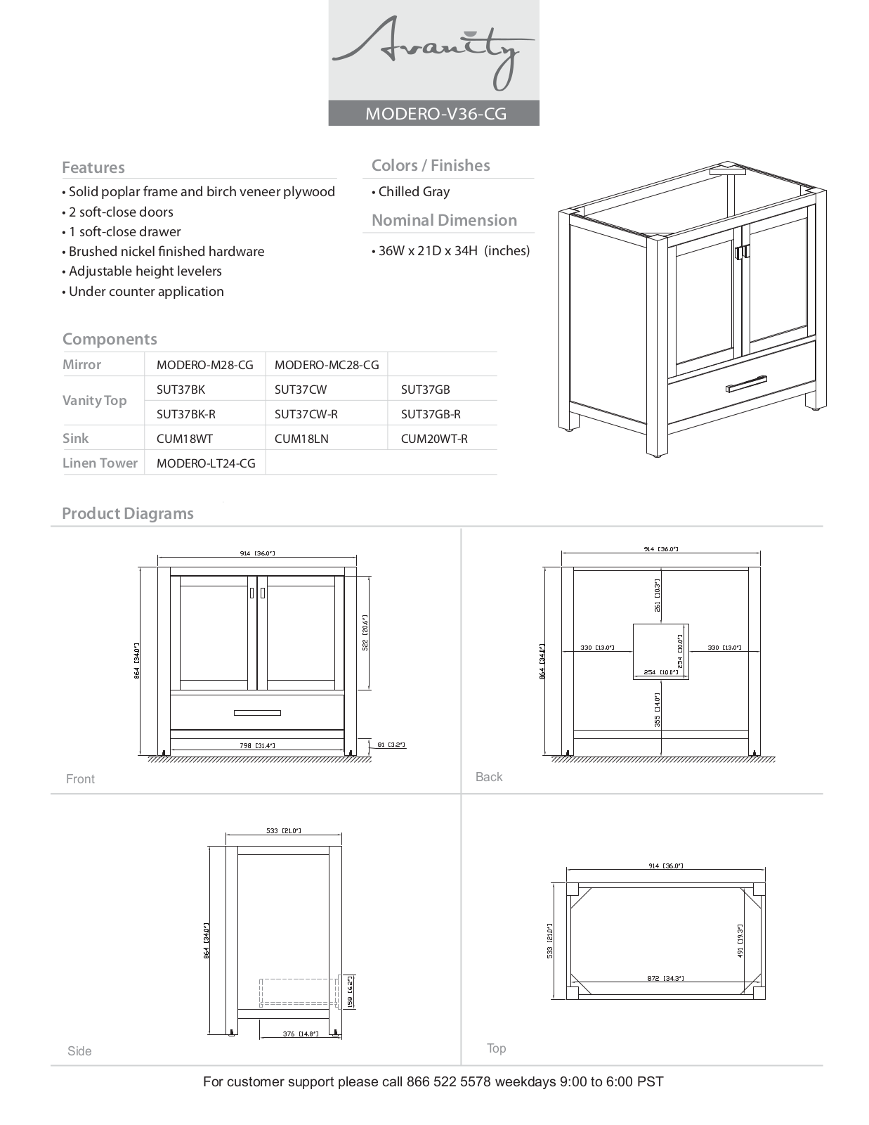 Avanity MODEROV36CG, MODEROVS36CGB, MODEROVS36CGC, MODEROVS36CGA Specifications