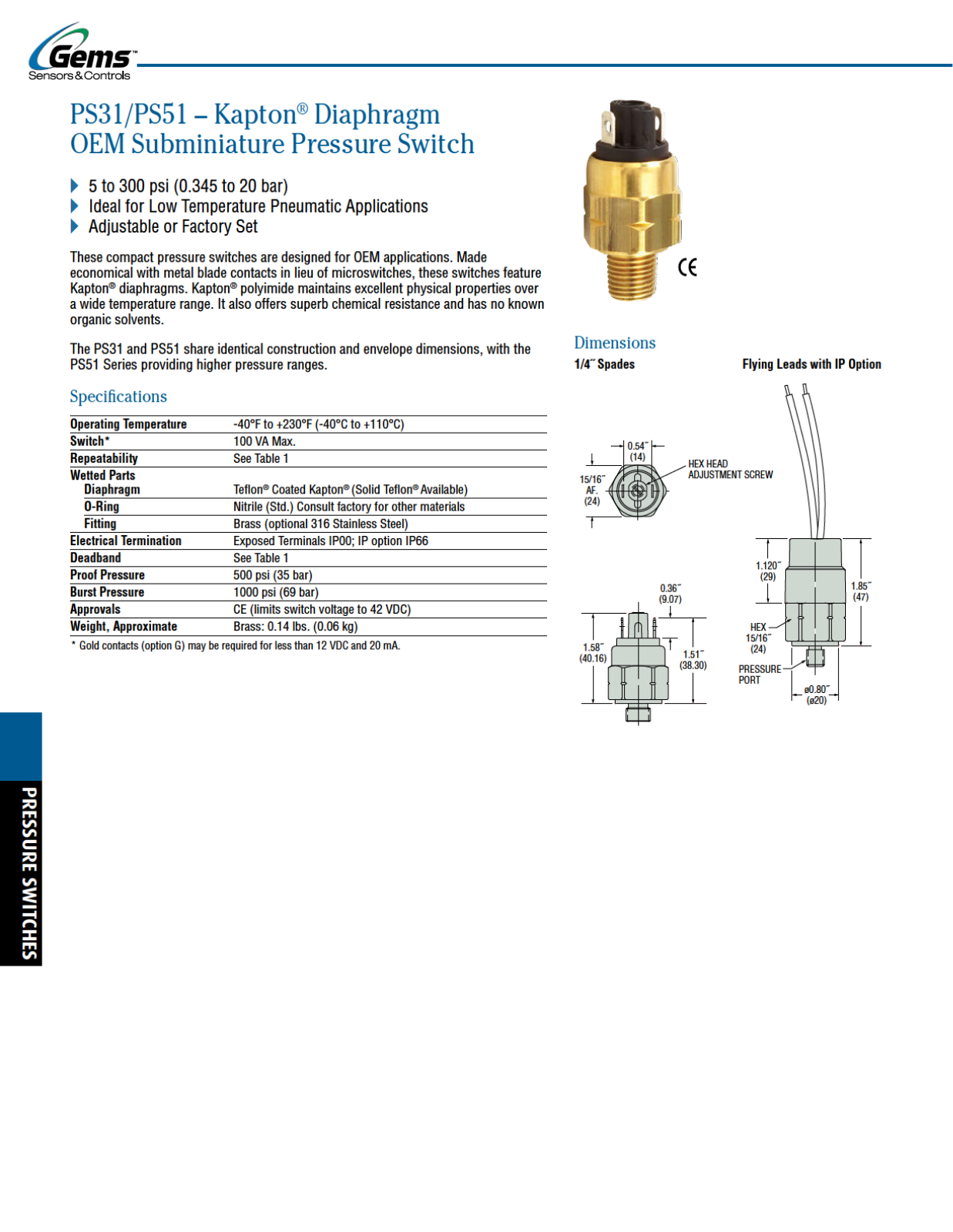 Gems Sensors & Controls PS31, PS51 Catalog Page