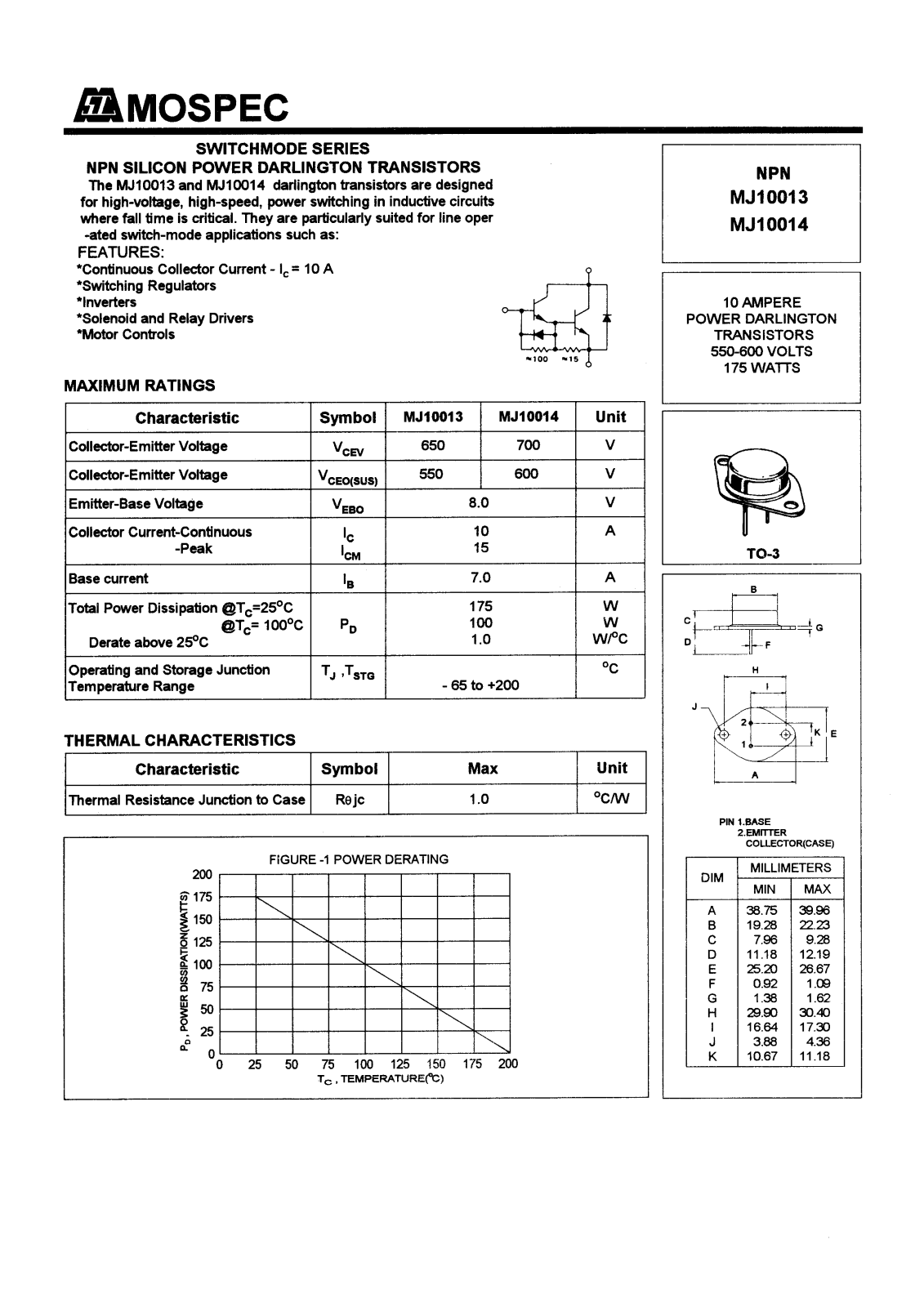 MOSPEC MJ10013, MJ10014 Datasheet