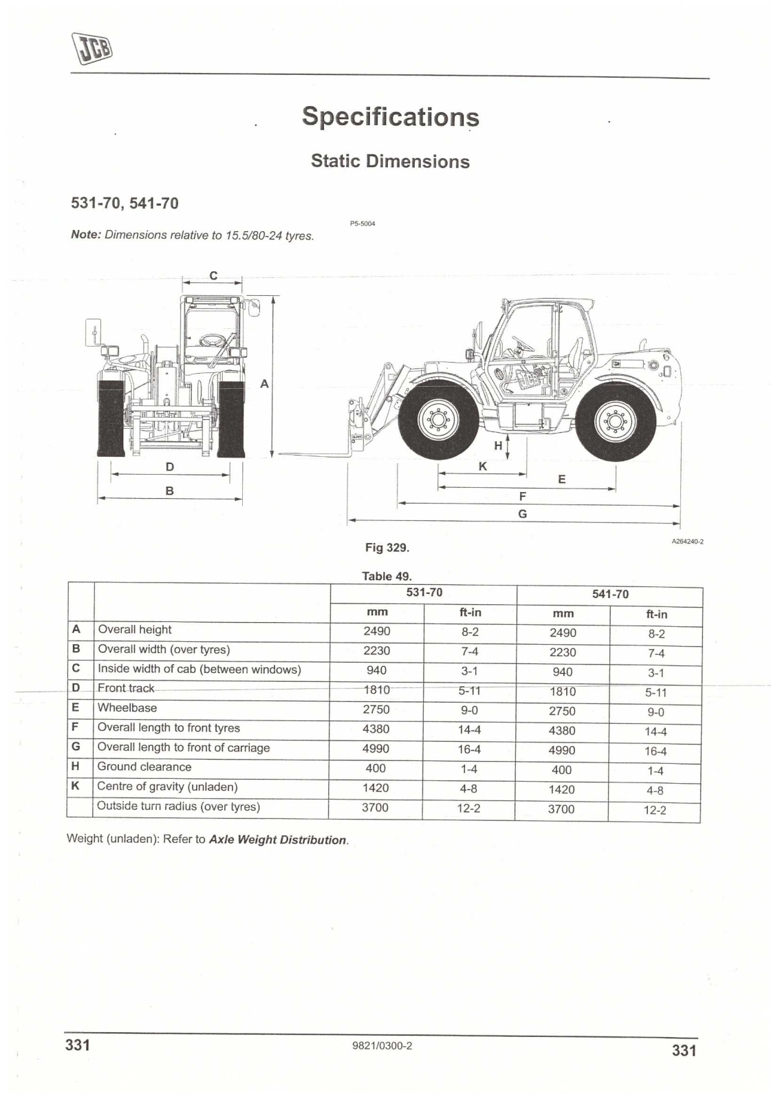 JCB 531-70, 541-70 Specification