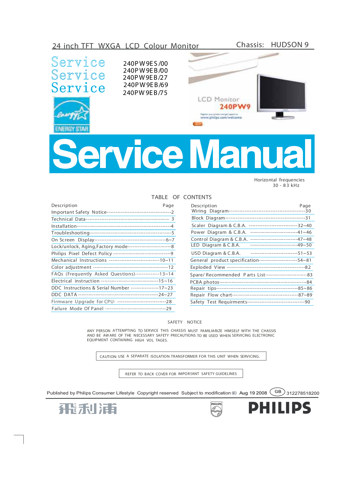 Philips 240PW9EB-27, 240PW9EB-69, 240PW9ES -00, 240PW9EB-75, 240PW9EB-00 User Manual