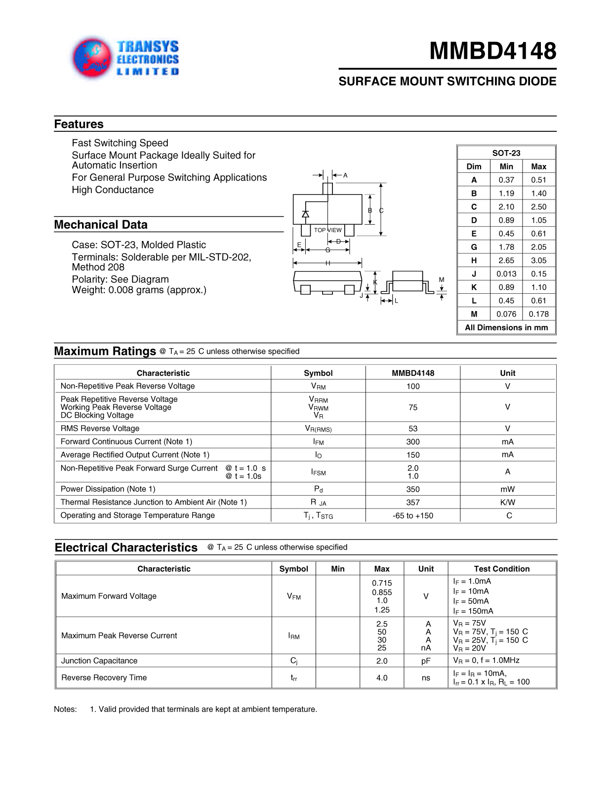 TEL MMBD4148 Datasheet