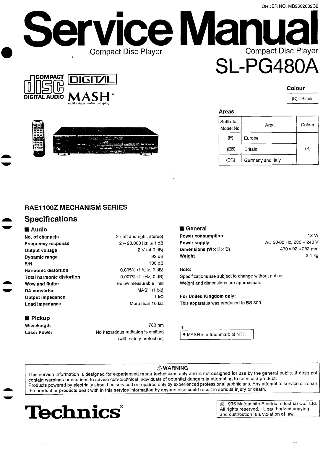 Technics SLPG-480-A Service manual