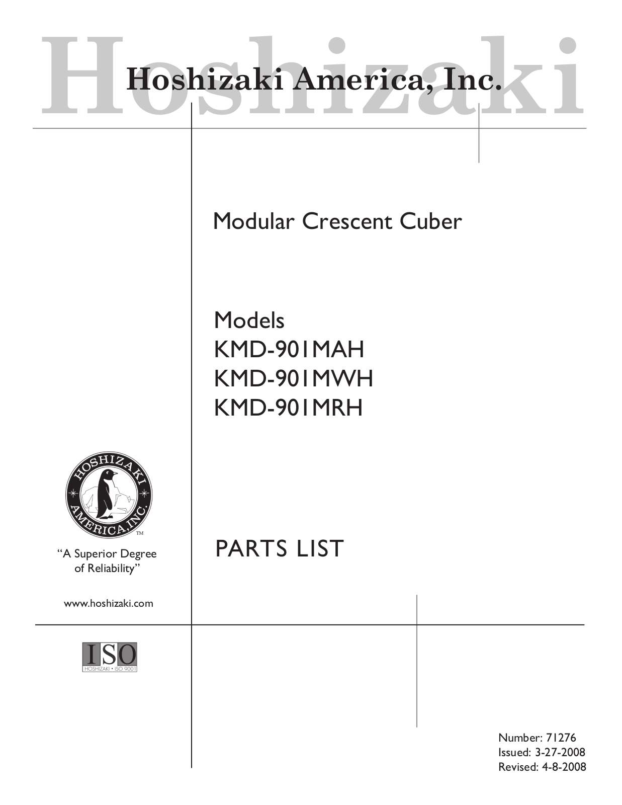 Hoshizaki American, Inc. KMD-901MAH Part Manual