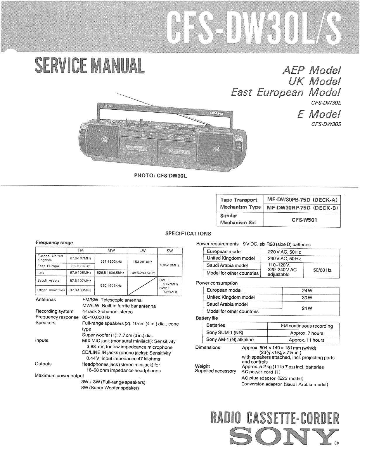 Sony CFSDW-30-L Service manual