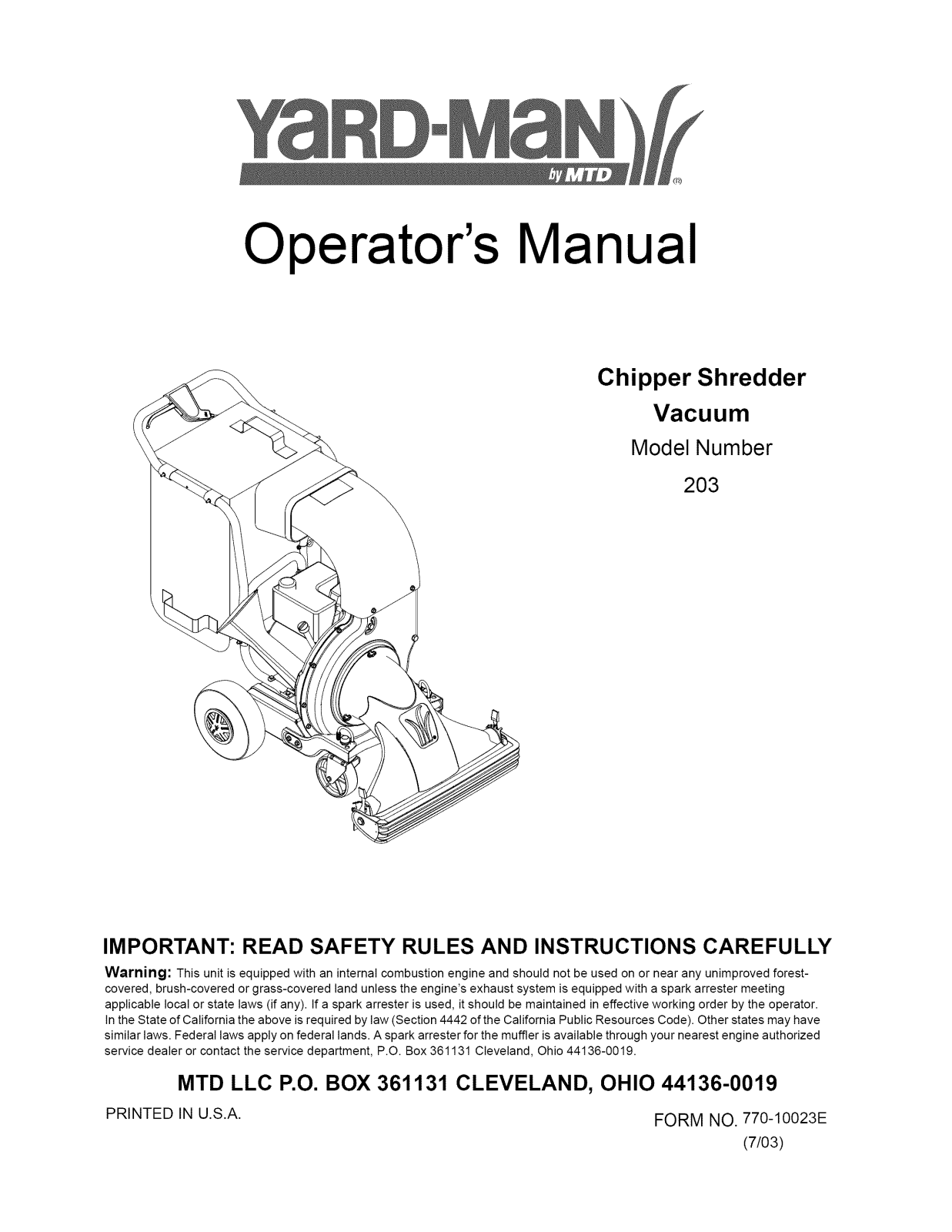 Yard-Man 24A-203C401 Owner’s Manual