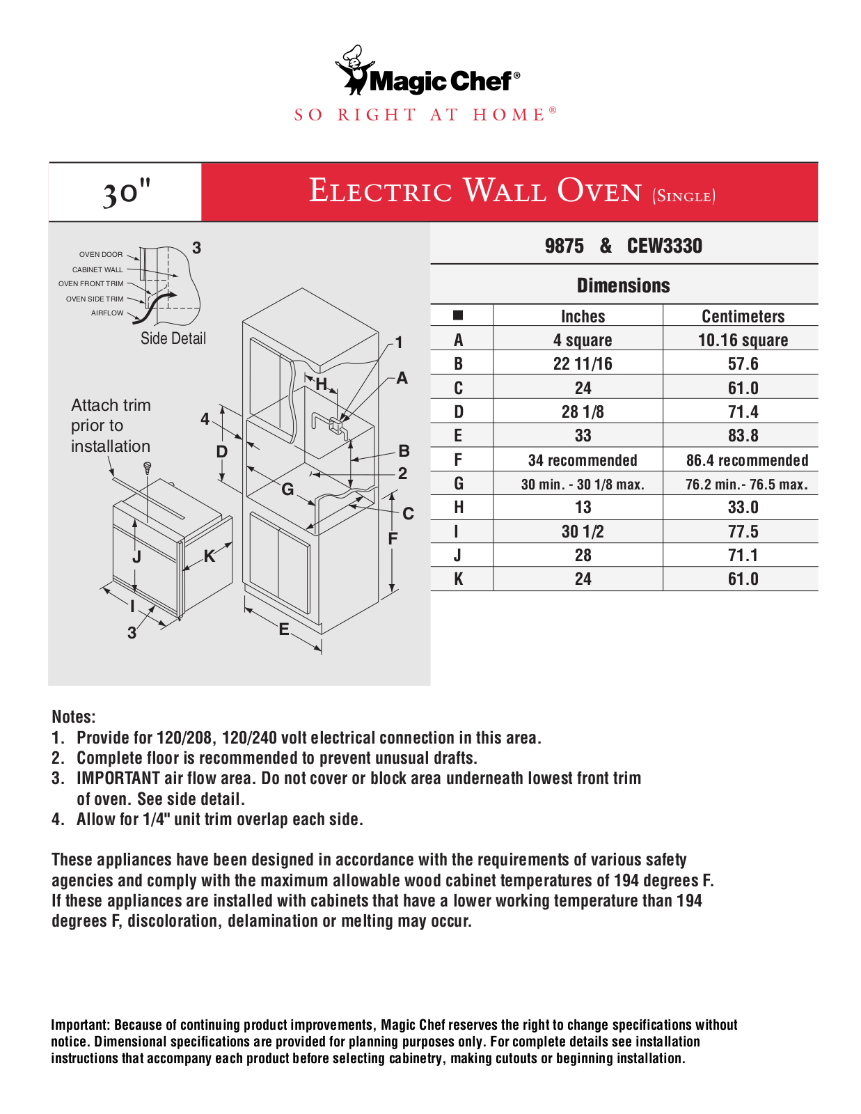 Magic Chef 9875, CEW3330 Dimension Guide