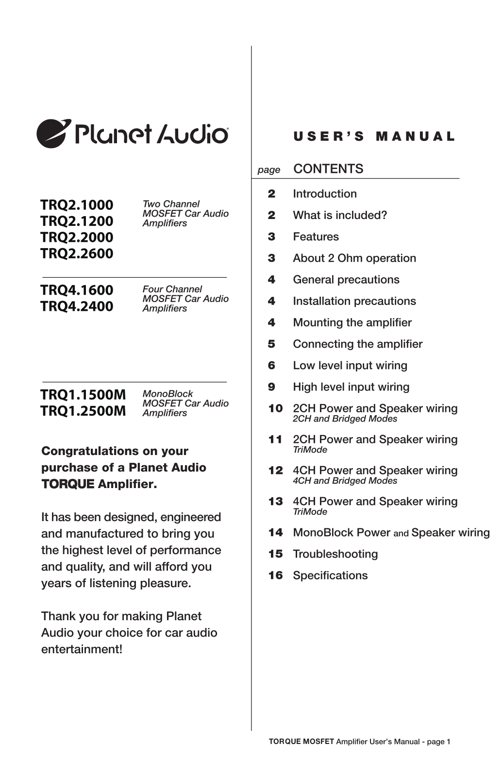 Planet Audio TRQ1.1500M, TRQ1.2500M, TRQ2.1000, TRQ2.1200, TRQ2.2000 User Manual