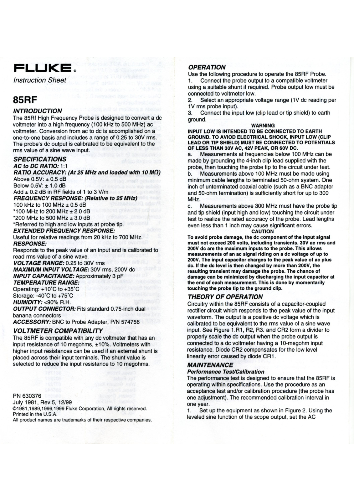 Fluke 85rf schematic