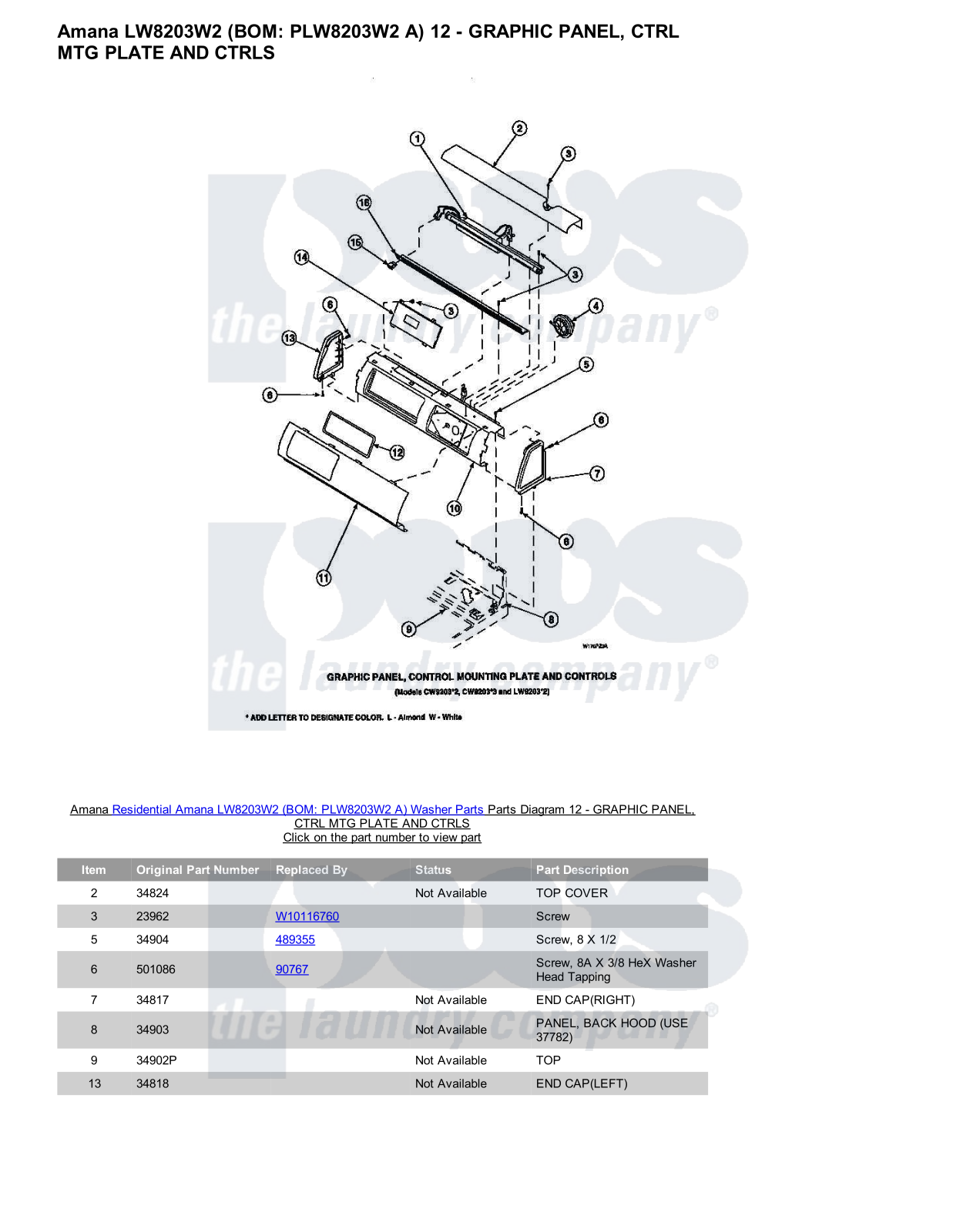 Amana LW8203W2 Parts Diagram