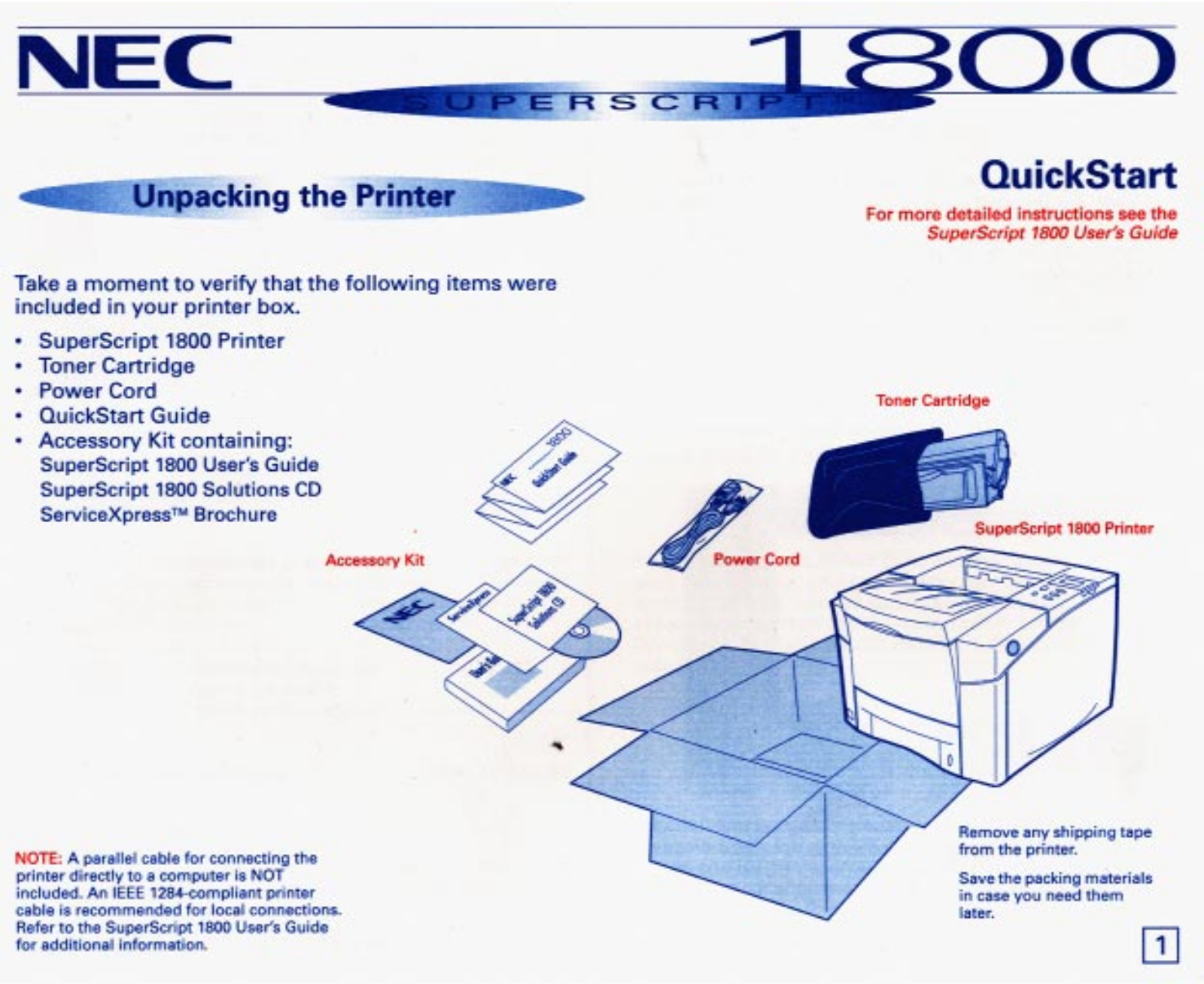 NEC SuperScript 1800 Quick Start Guide