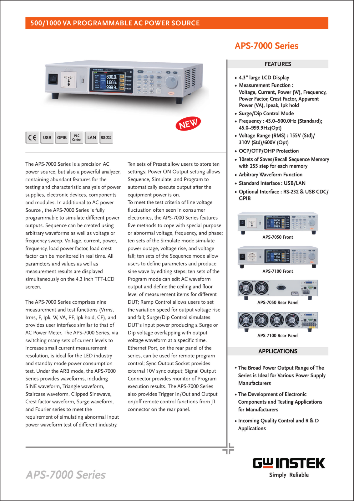 GW Instek APS7050, APS7100 Data Sheet