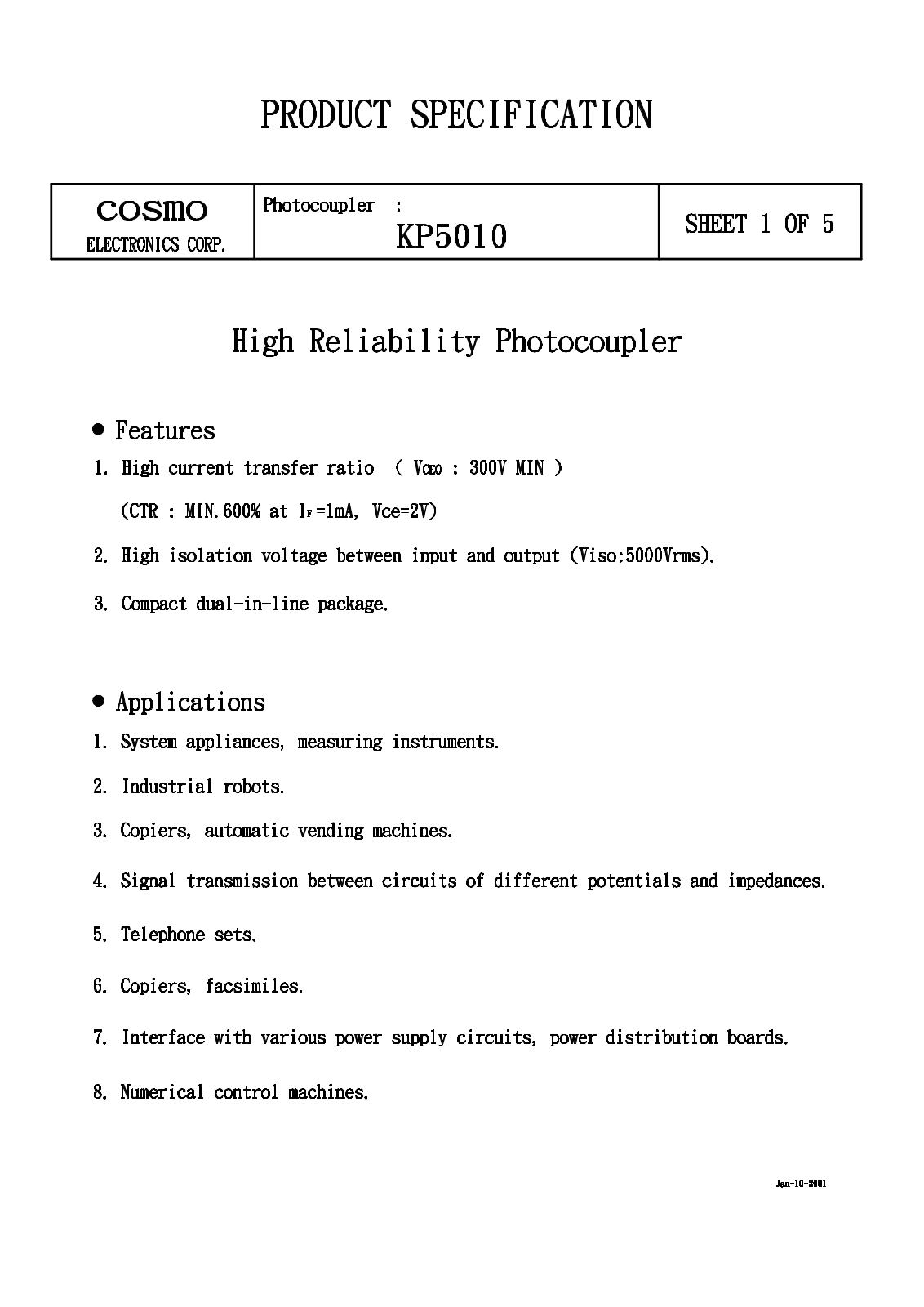 COSMO KP5010E, KP5010D, KP5010A, KP5010C, KP5010B Datasheet