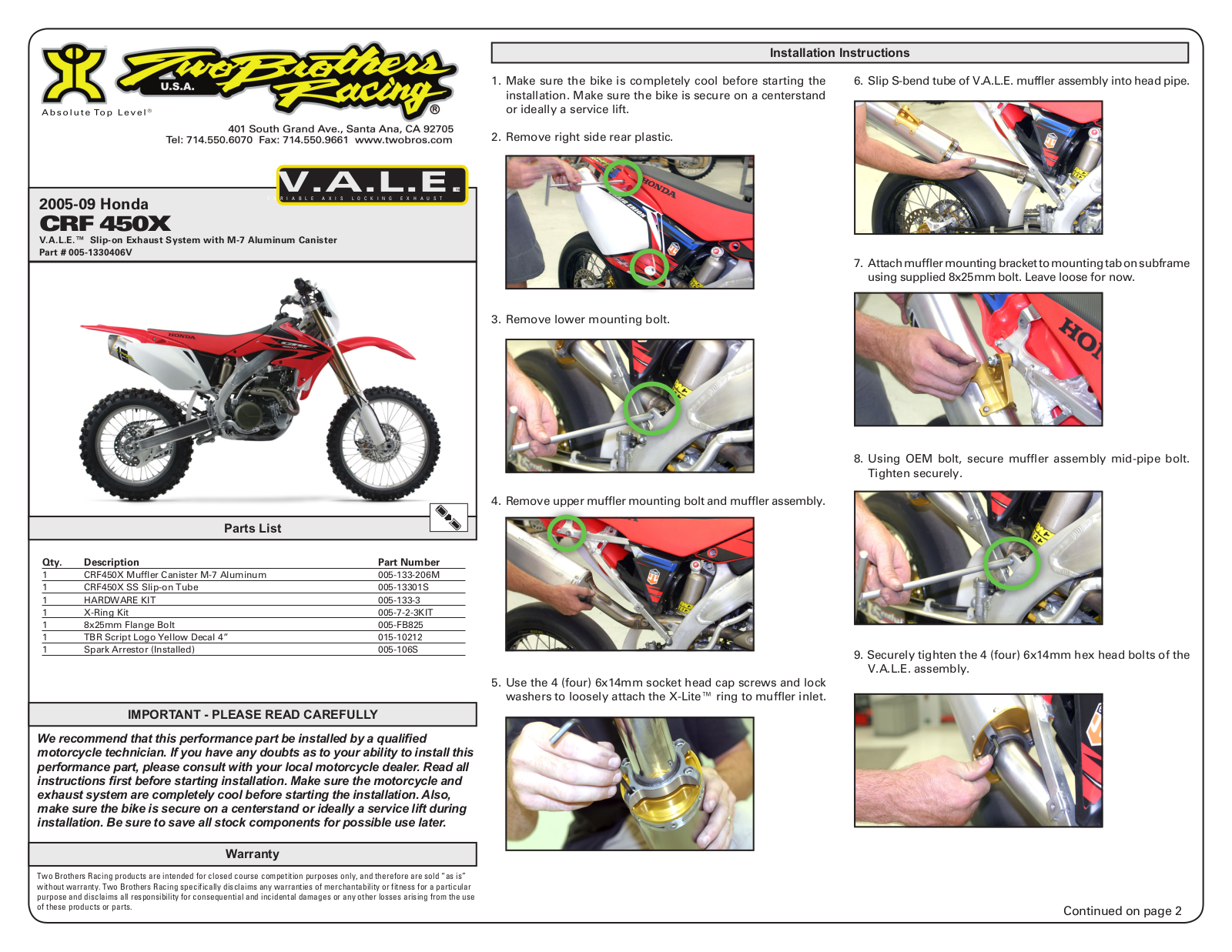 Two Brothers Racing CRF450X User Manual