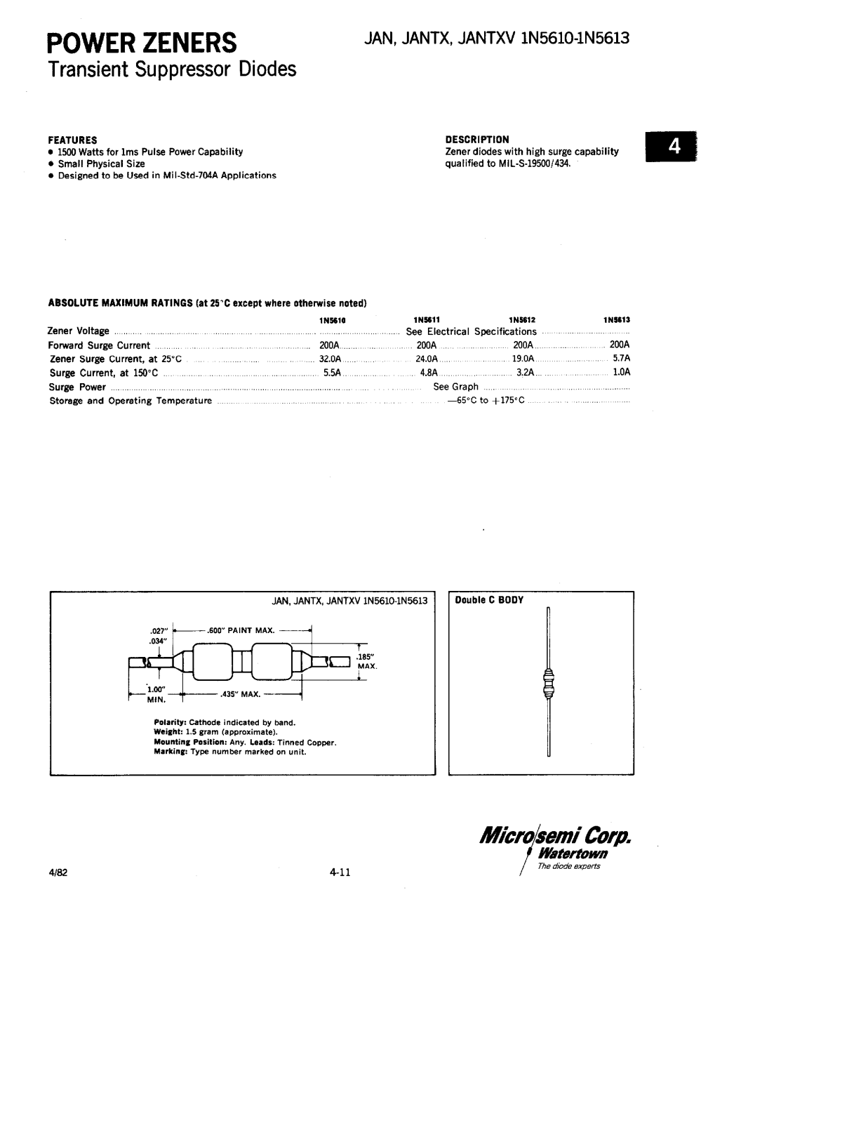 Microsemi Corporation 1N5613, 1N5612, 1N5611, 1N5610 Datasheet