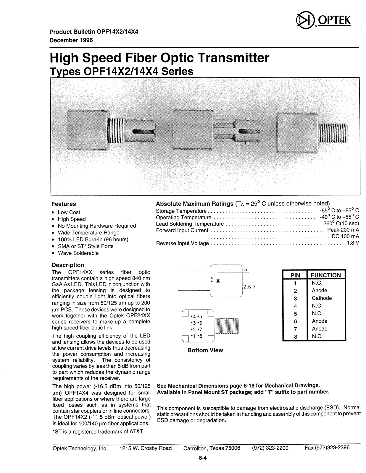 OPTEK OPF1414, OPF1412, OPF1402, OPF1404 Datasheet