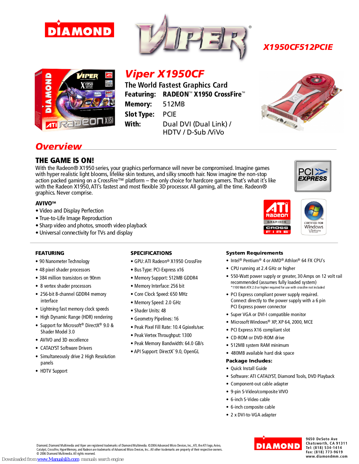 Diamond Multimedia RADEON X1950 CrossFire, Radeon X1950CF512PCIE, Viper X1950CF, Viper X1950CF512PCIE Specification Sheet