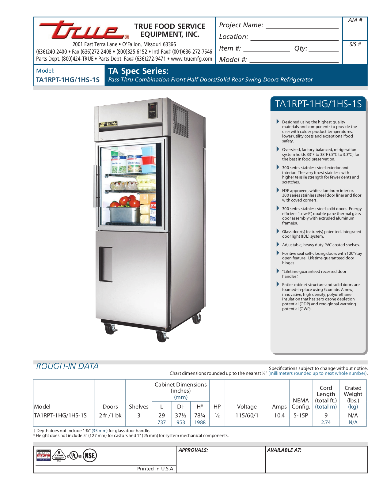 True TA1RPT-1HG User Manual