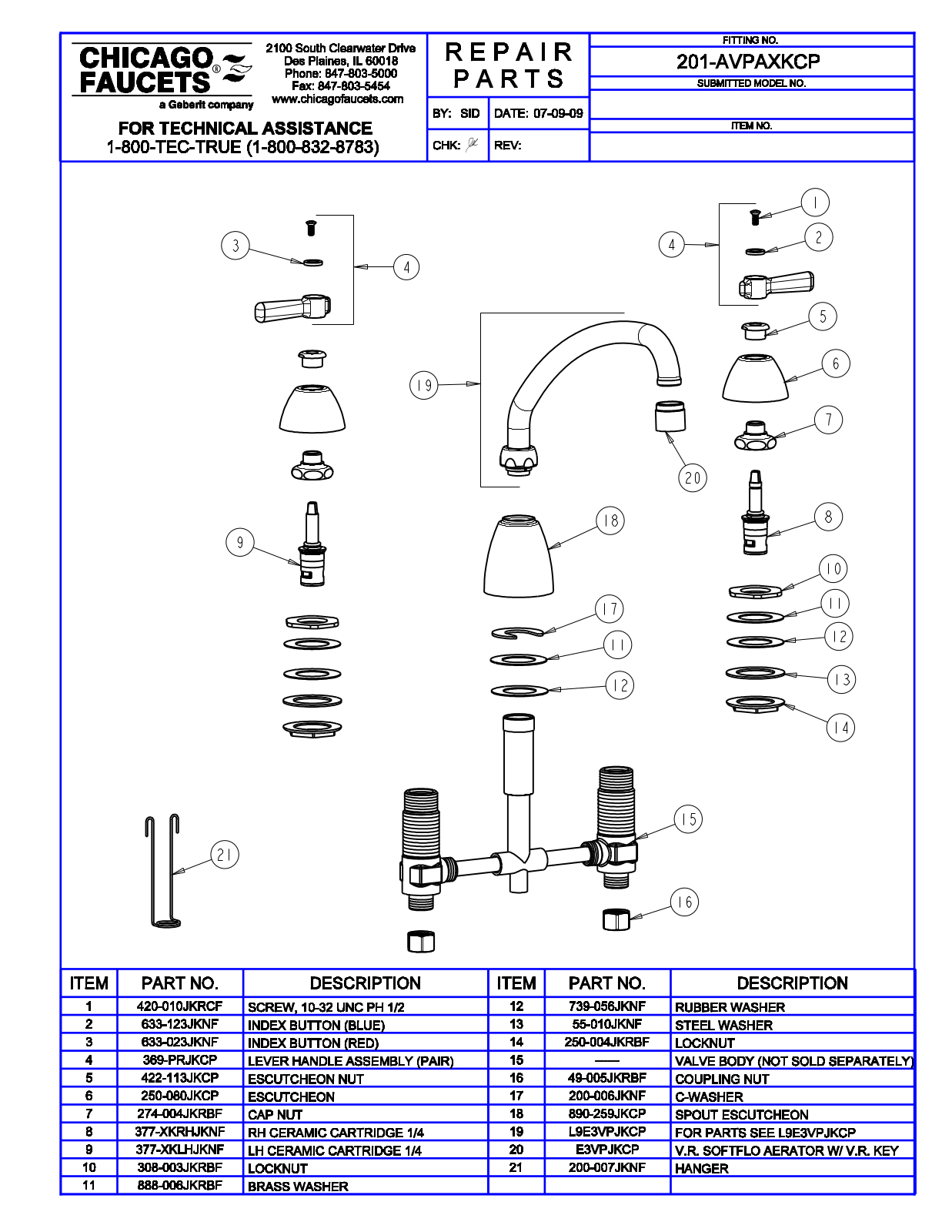 Chicago Faucet 201-AVPAXKCP Parts List