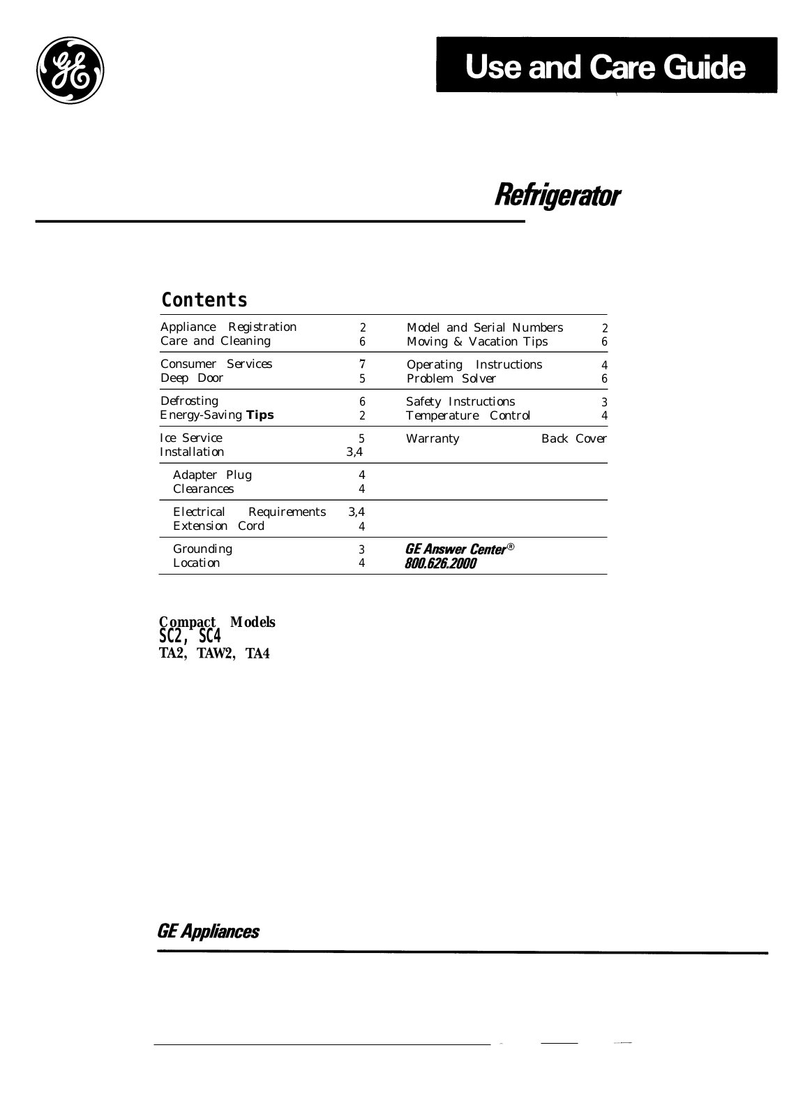 GE SC4, TA2, TAW2, TA4 Use and Care Manual