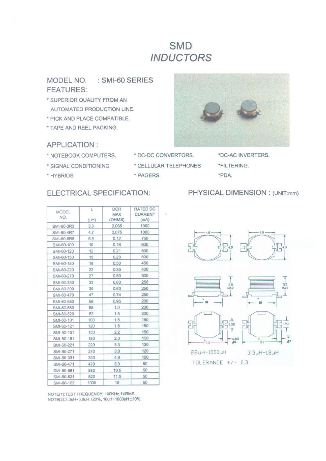 MICRO SMI-60-100, SMI-60-101, SMI-60-102, SMI-60-120, SMI-60-121 Datasheet