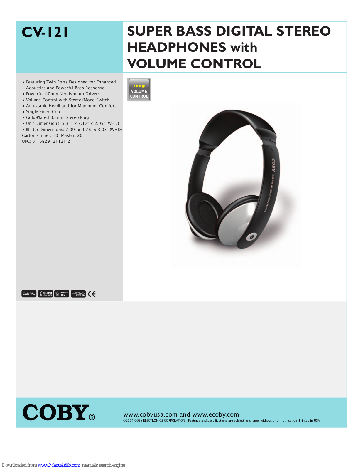 Coby CV121 - CV 121 - Headphones, CV-121 Specification Sheet