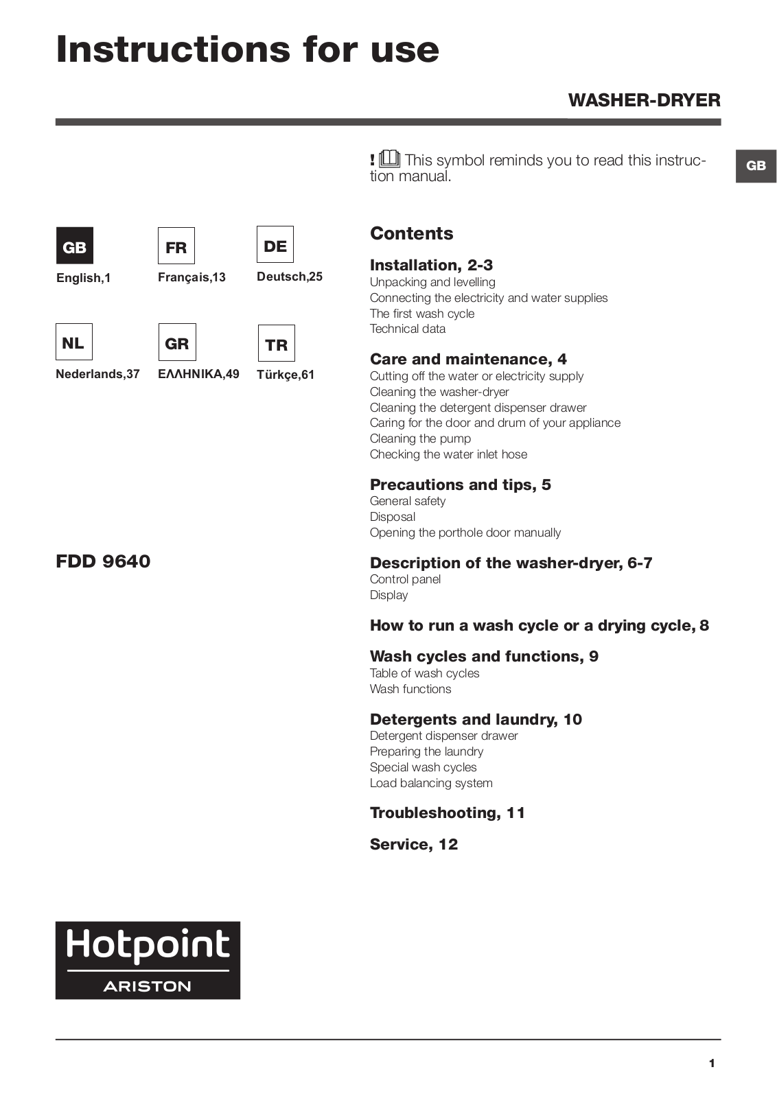 HOTPOINT/ARISTON FDD 9640B EU User Manual