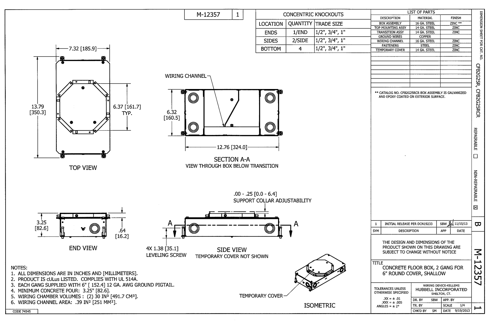 Hubbell CFB2G25RCR Dimensional Sheet