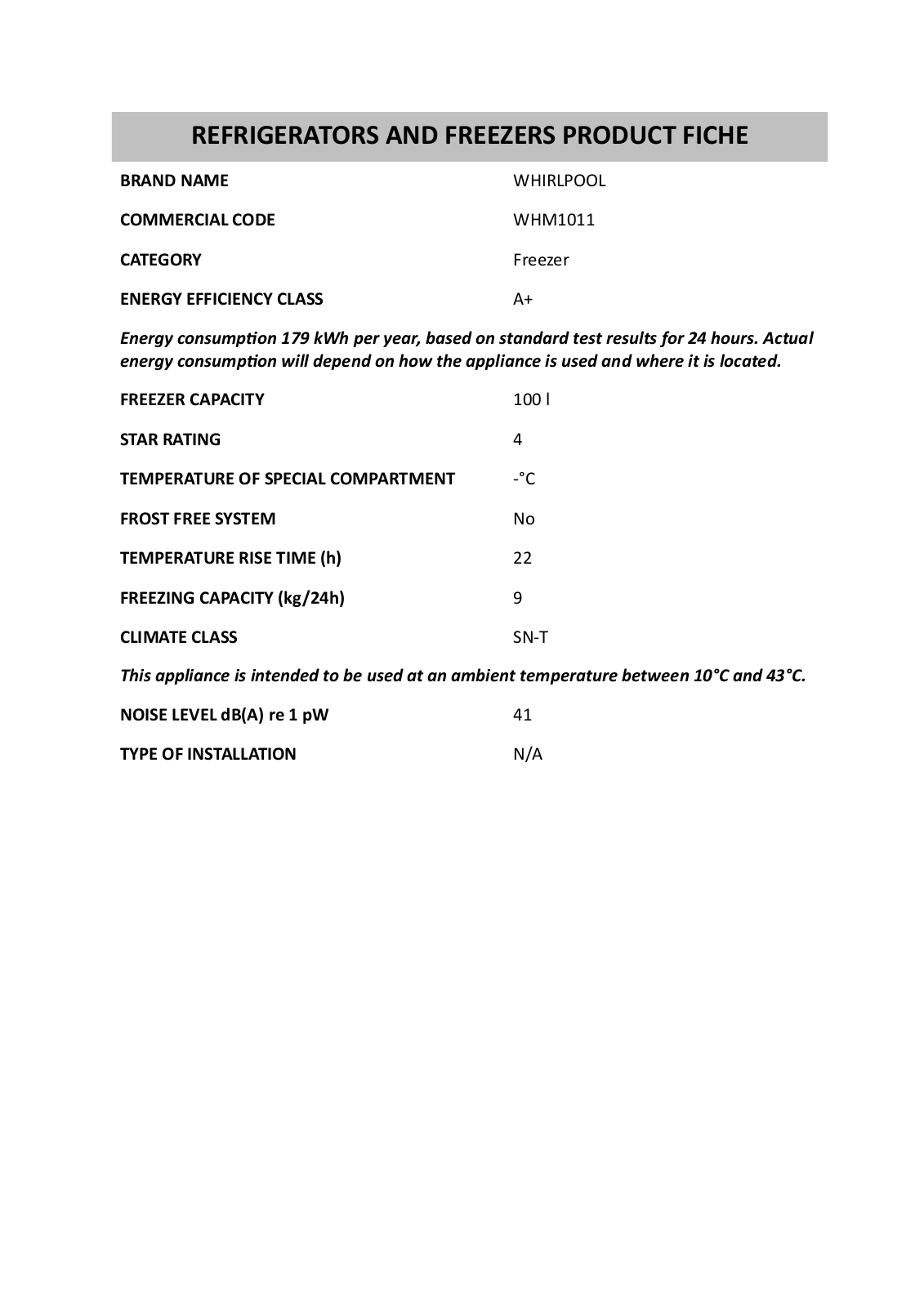 Whirlpool WHM1011 Product Sheet