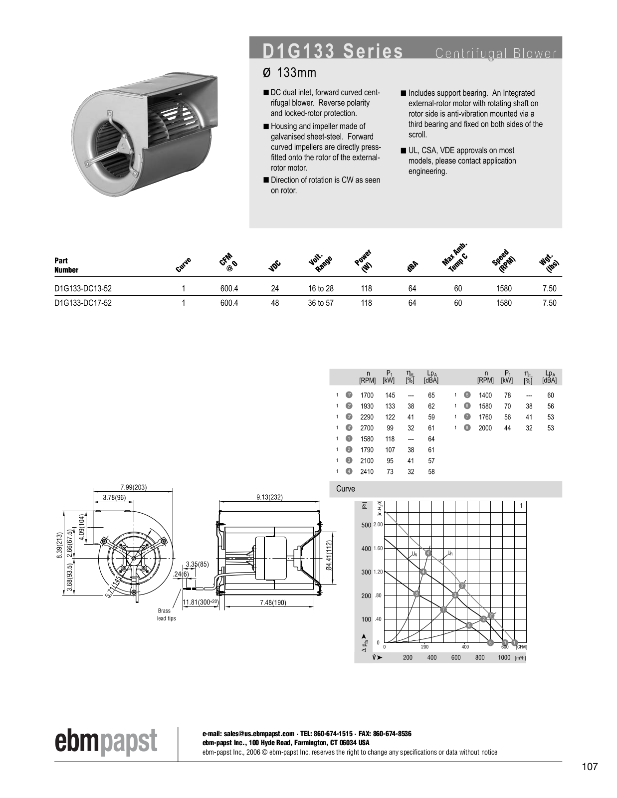 ebm-papst Centrifugal Blower Series D1G133 Catalog Page