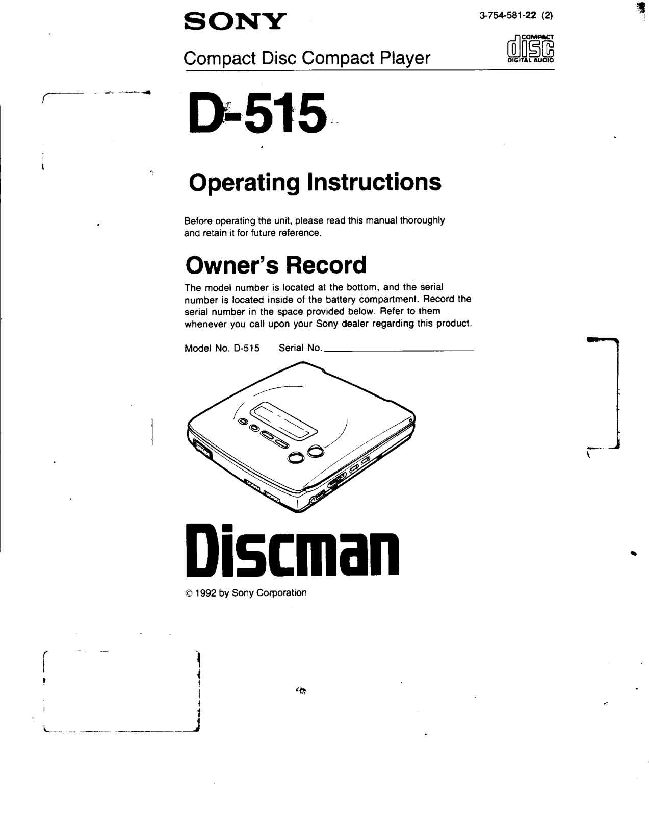Sony D-515 Operating Instruction