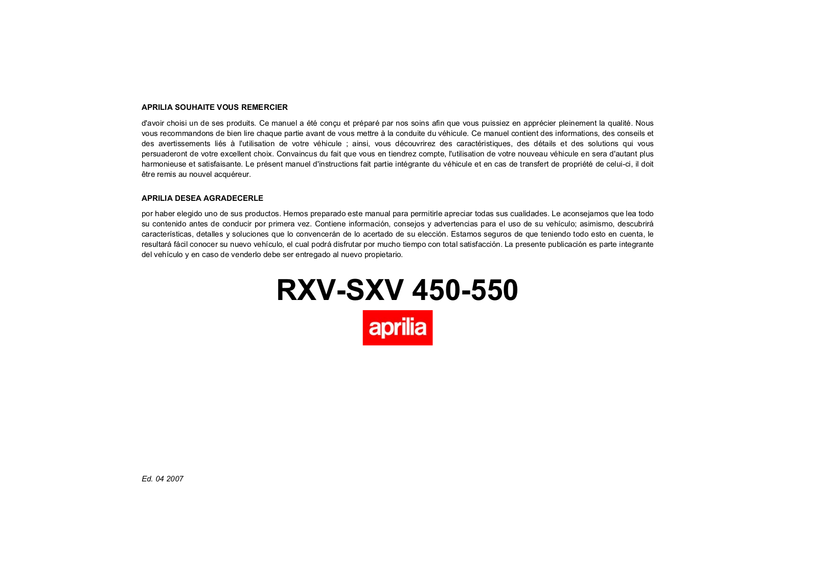 APRILIA SXV User Manual