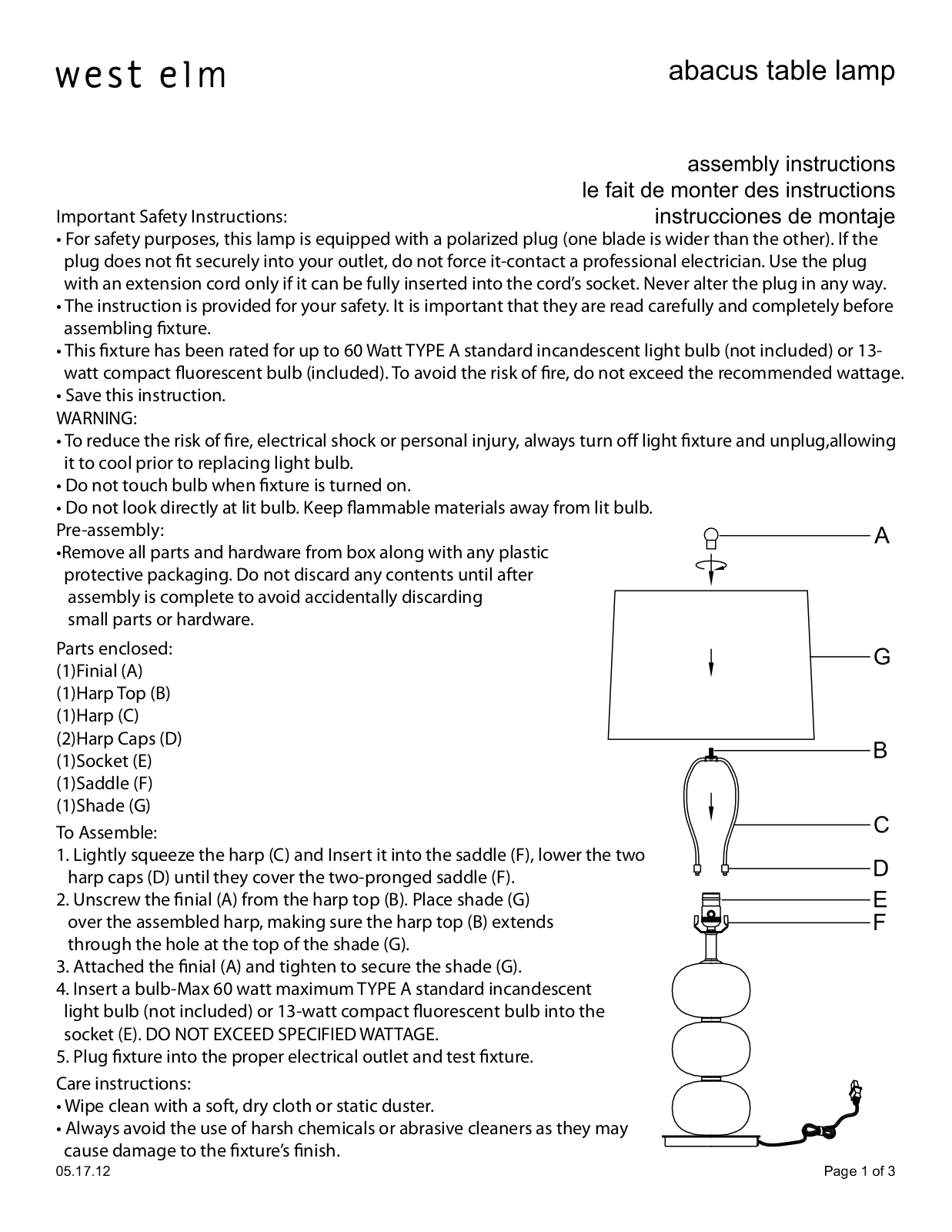 West Elm Abacus Table Lamp Assembly Instruction