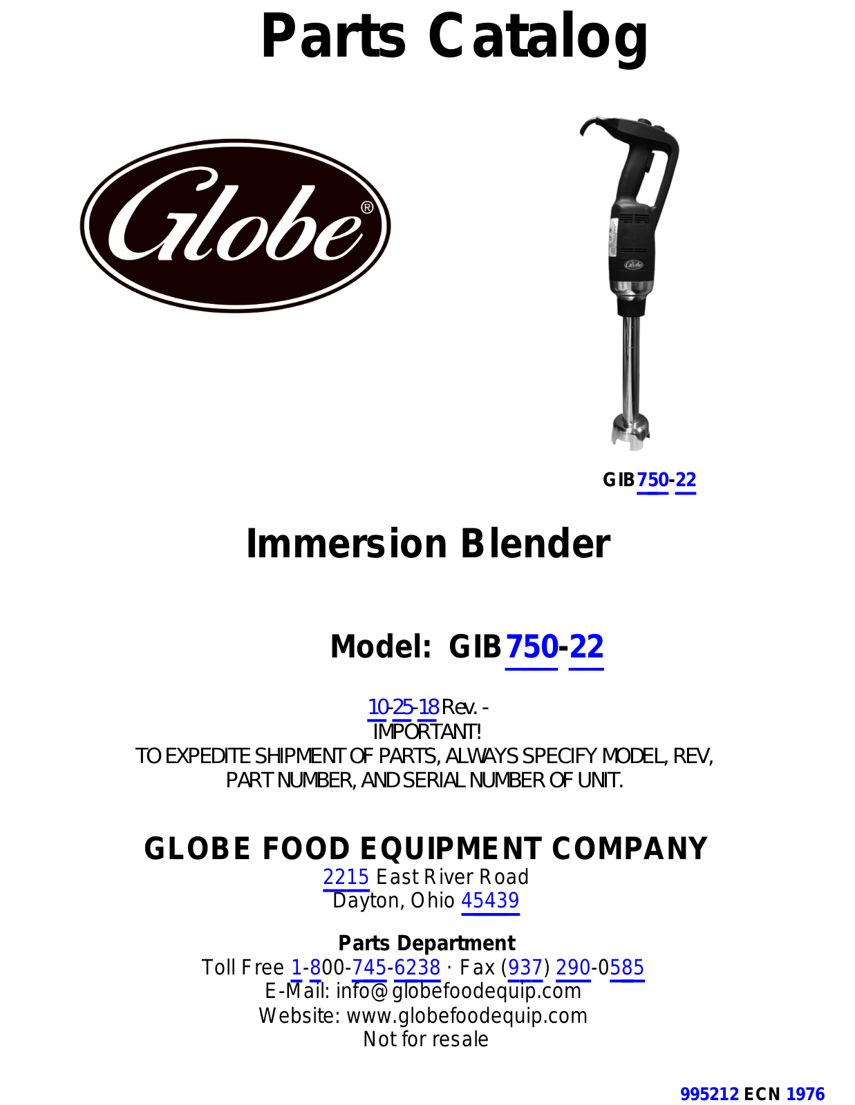 Globe GIB750-22 PARTS LIST